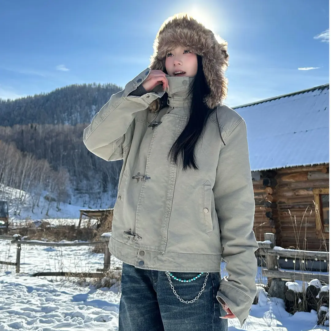 【EME】原创加厚解构拼接飞机扣男女复古做旧vintage短款情侣棉服潮