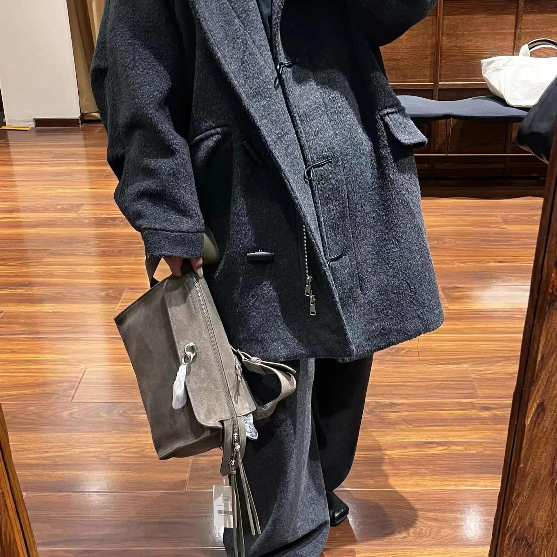 灰色毛呢大衣厚款纯色韩版连帽中长款女秋冬新款高级感外套