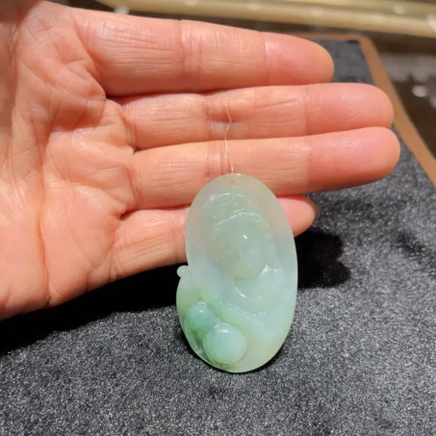 A货冰飘绿花冰糯种葫芦观音吊坠