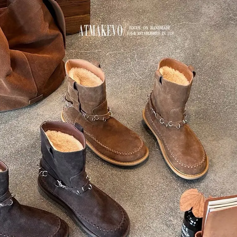 加绒厚底防滑保暖真皮冬季短款雪地靴