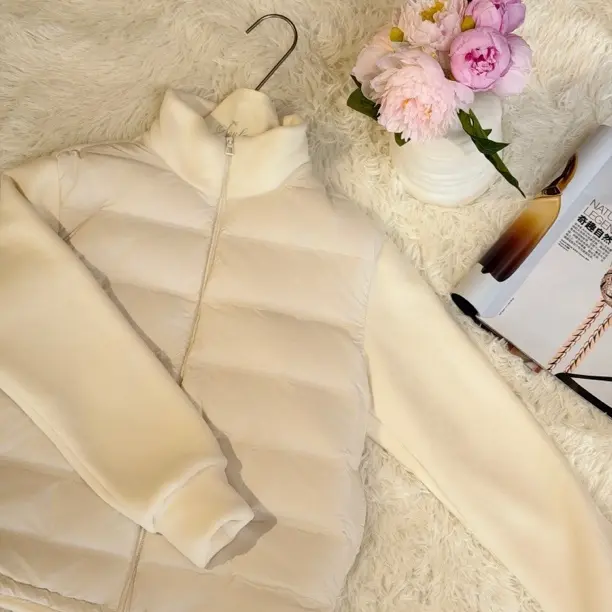 摇粒绒拼接鸭绒外套女秋冬季保暖立领开衫纯色高级感气质长袖上衣