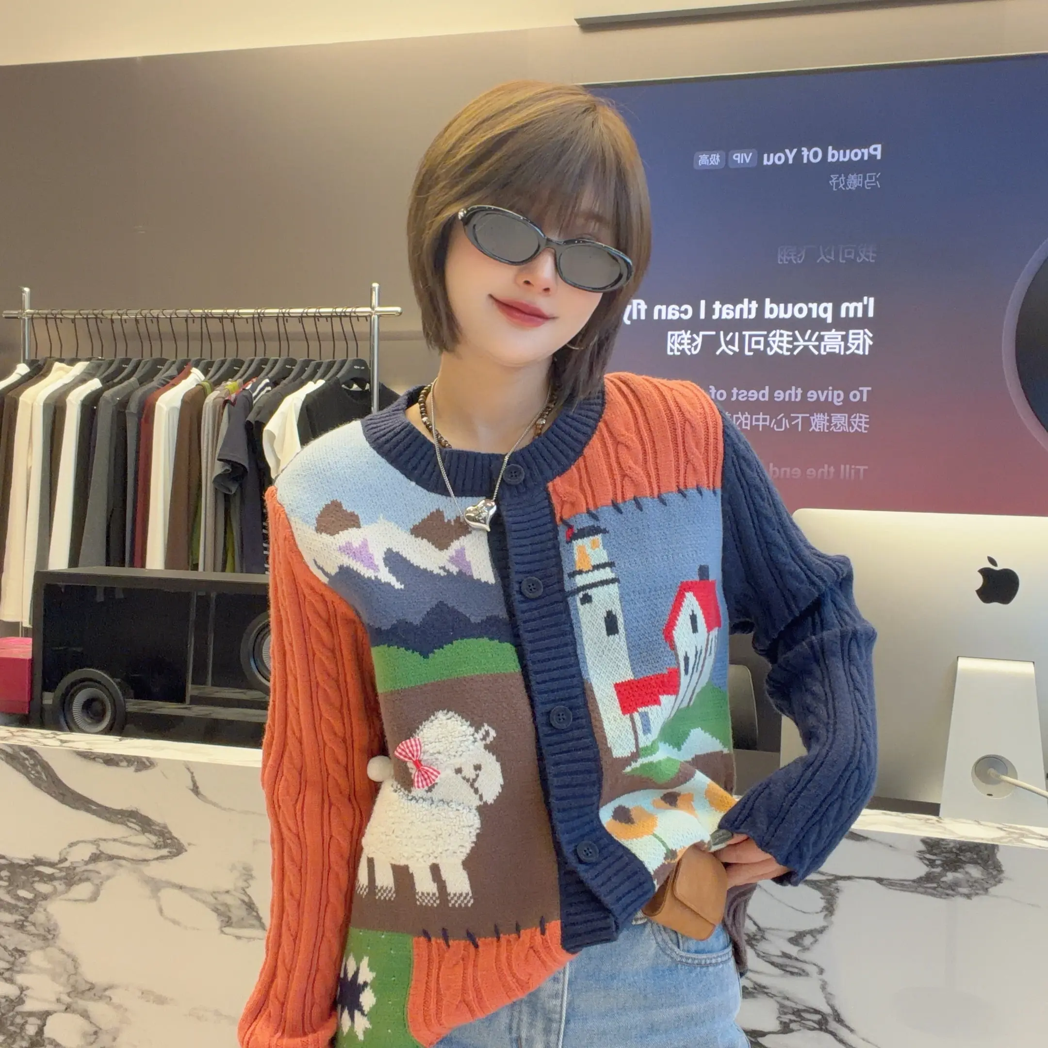 BEN小羊农场重工卡通图案开衫毛衣8838