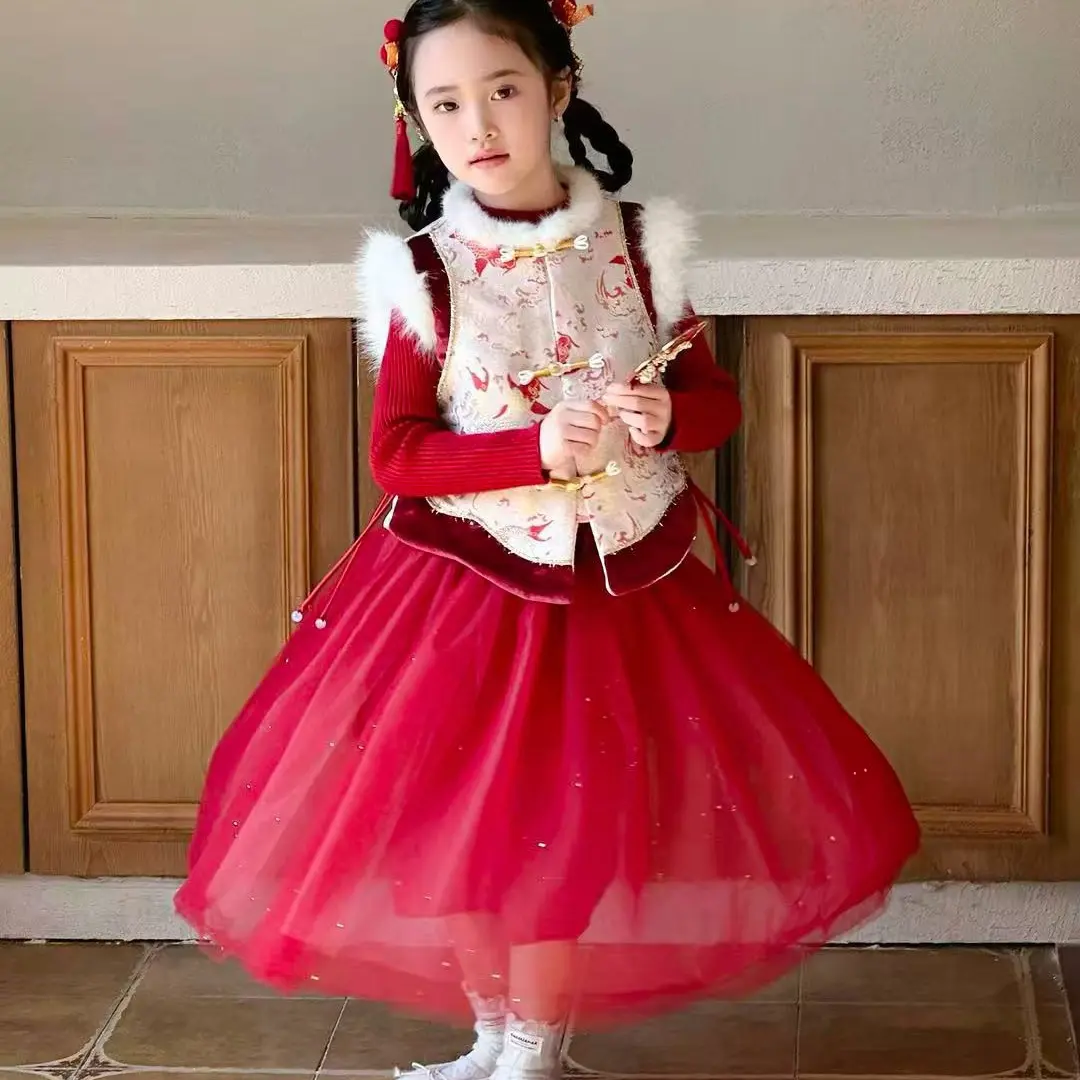 女童冬季新款拜年服套装加绒马甲中国风连衣裙刺绣背心裙