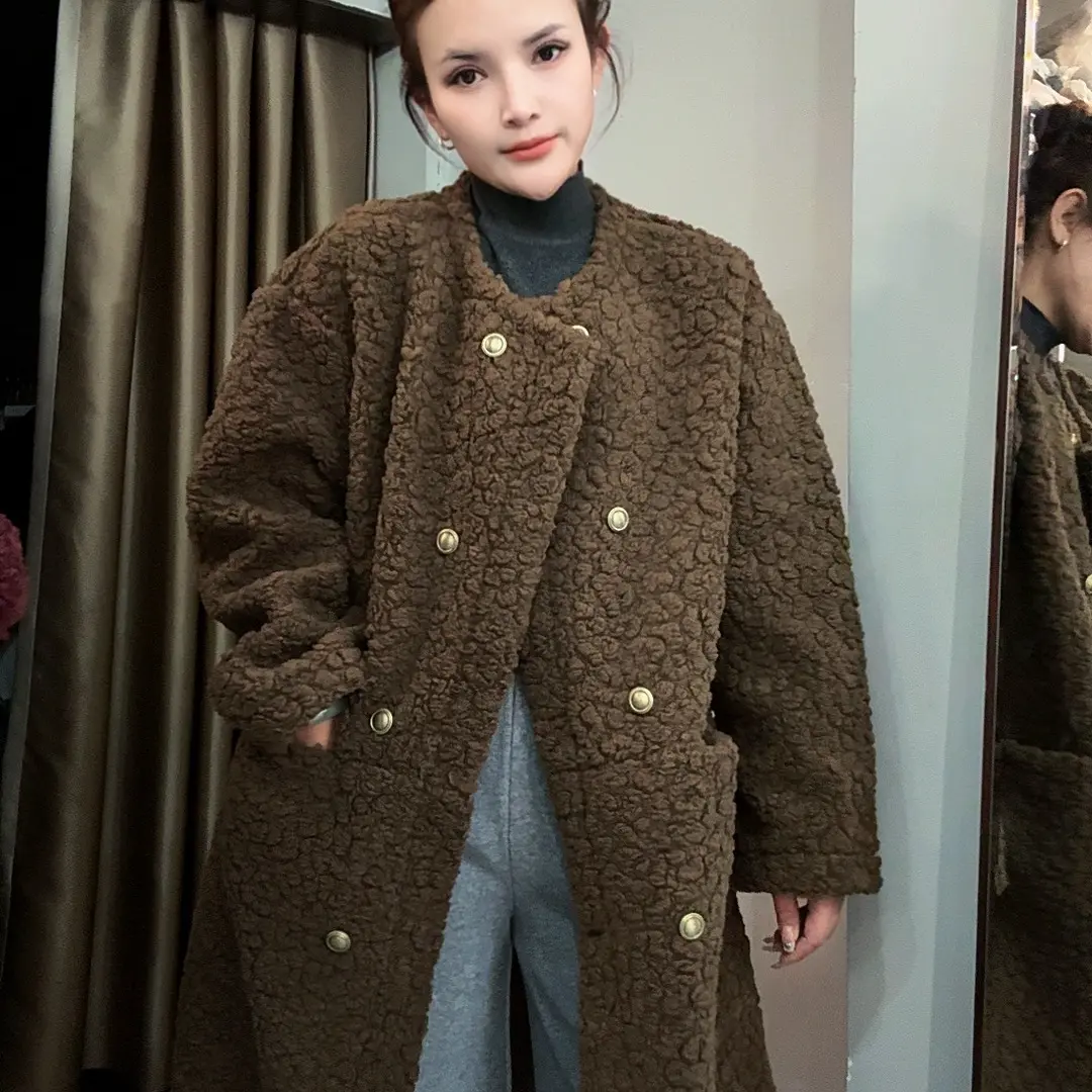 秋冬韩系高级感宽松中长款颗粒绒圈圈毛无领毛呢大衣外套女