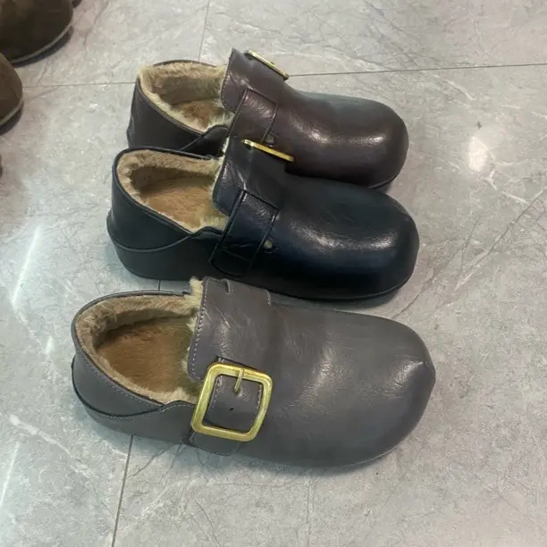 厚底内增高勃肯鞋女冬季加绒保暖皮面防滑棉鞋休闲两穿懒人鞋