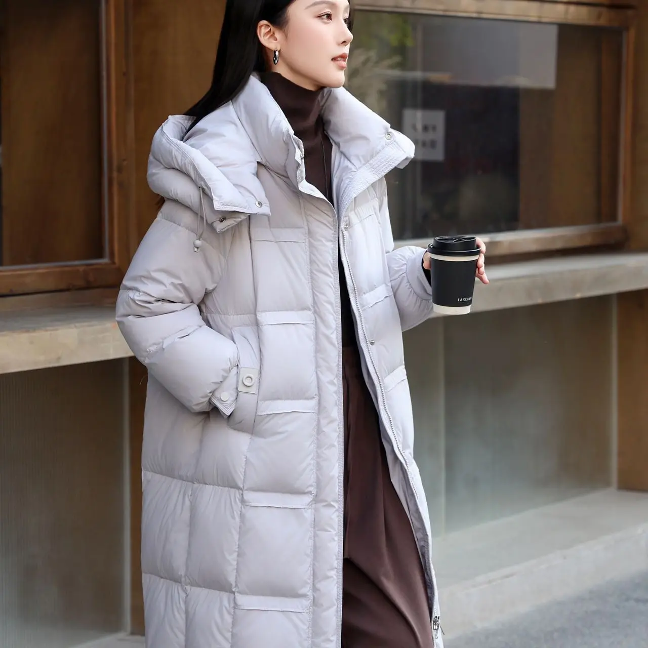 韩尤简同款百搭时尚优雅休闲保暖过膝长款白鸭绒外套冬季