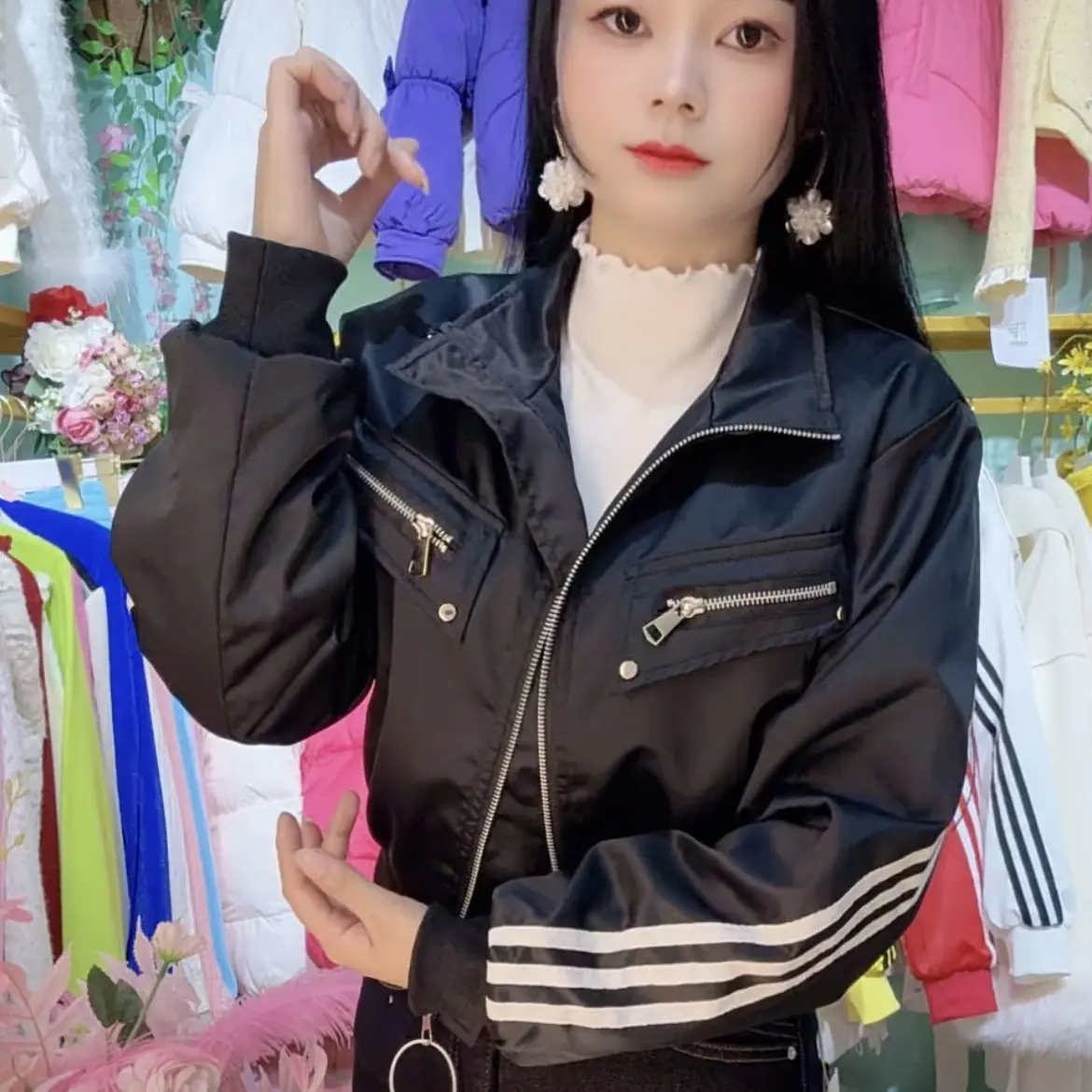 春秋时尚休闲小个子立领短款长袖宽松百搭工装外套夹克上衣潮