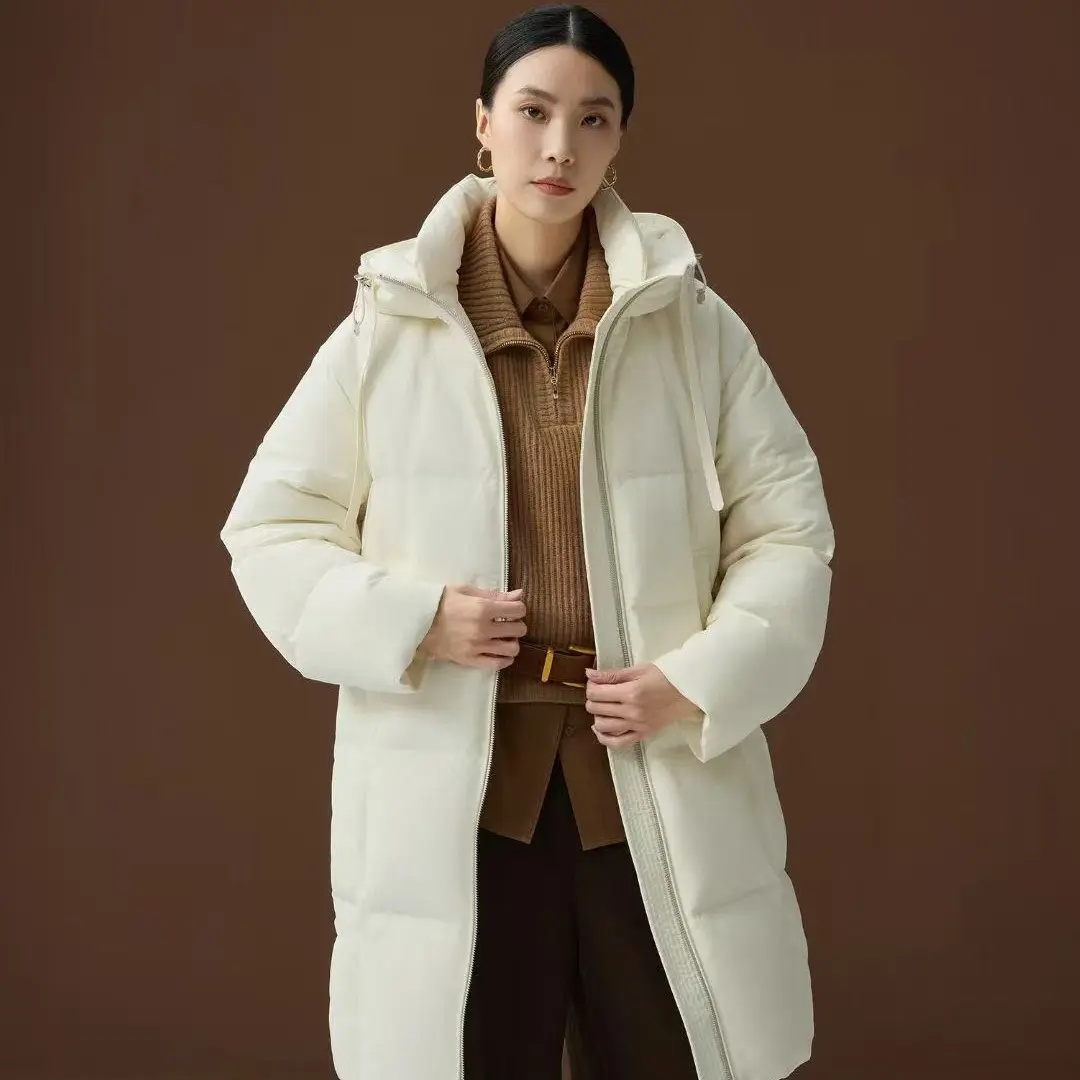 时尚女士修身收腰显瘦气质连帽中长款冬季羽绒服鹅绒服