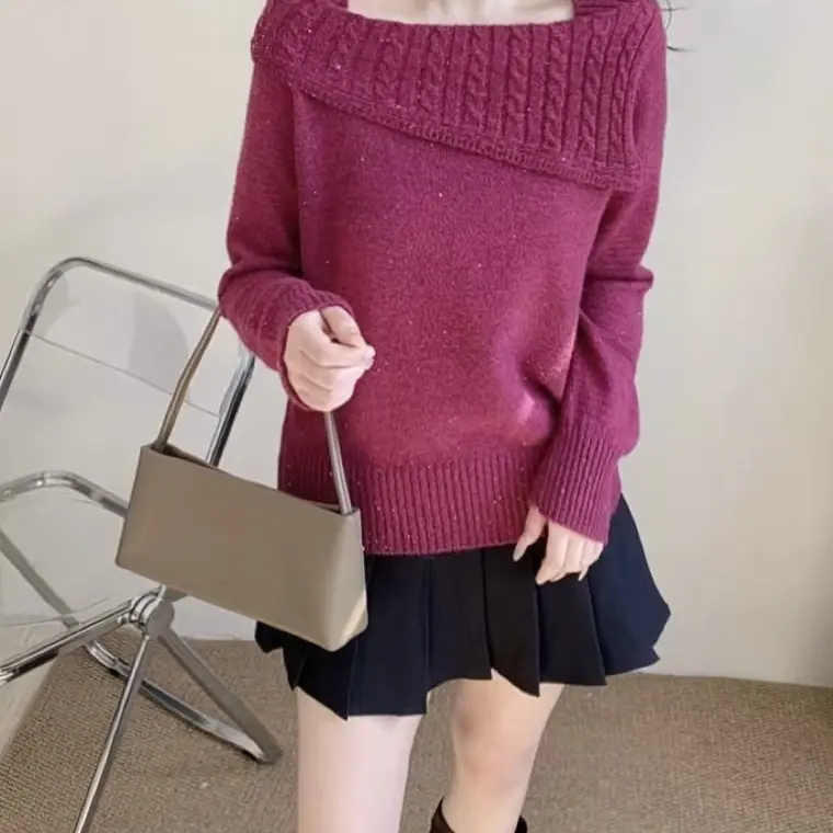 针织不起球圆领衫宽松短款女装宽松型毛衣纯色