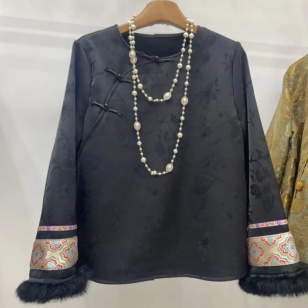 秋冬新款新中式国风加绒提花纯色女士百搭打底上衣