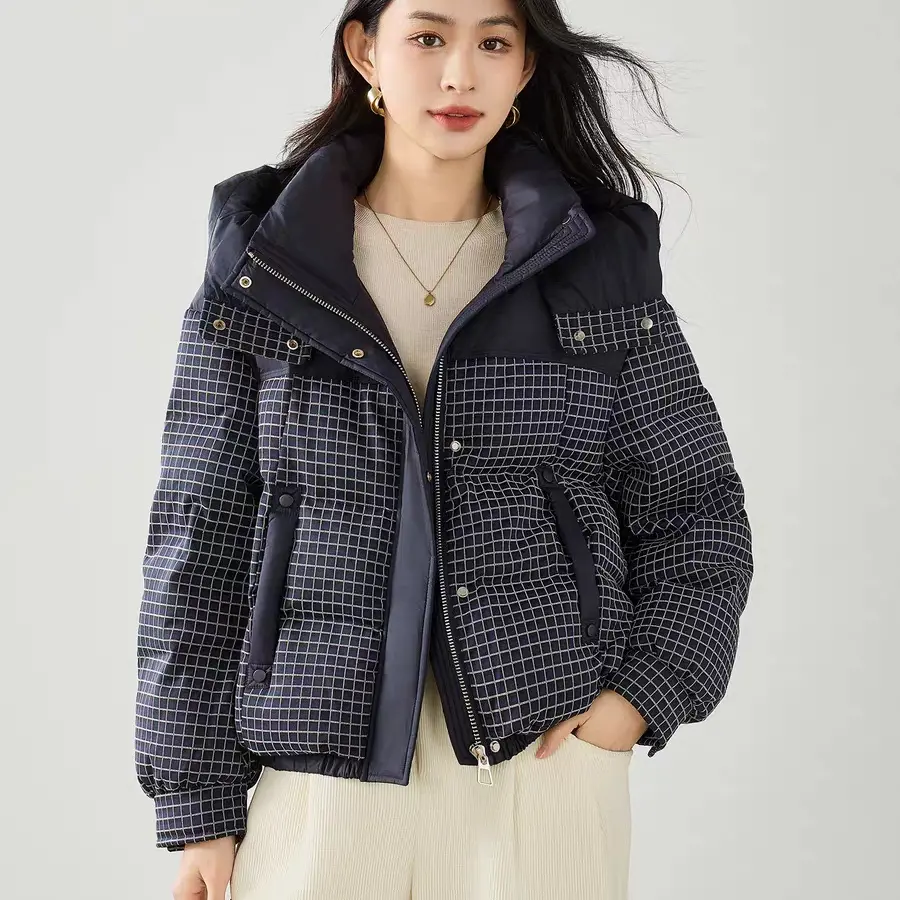 连帽短款女冬季小个子新国标白鸭绒时尚格子加厚保暖