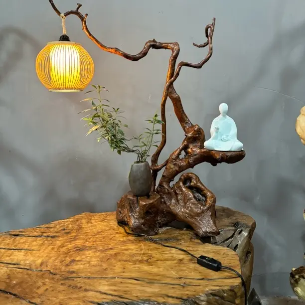天然随形一体无拼接杜鹃根根雕灯茶室客厅装饰摆件