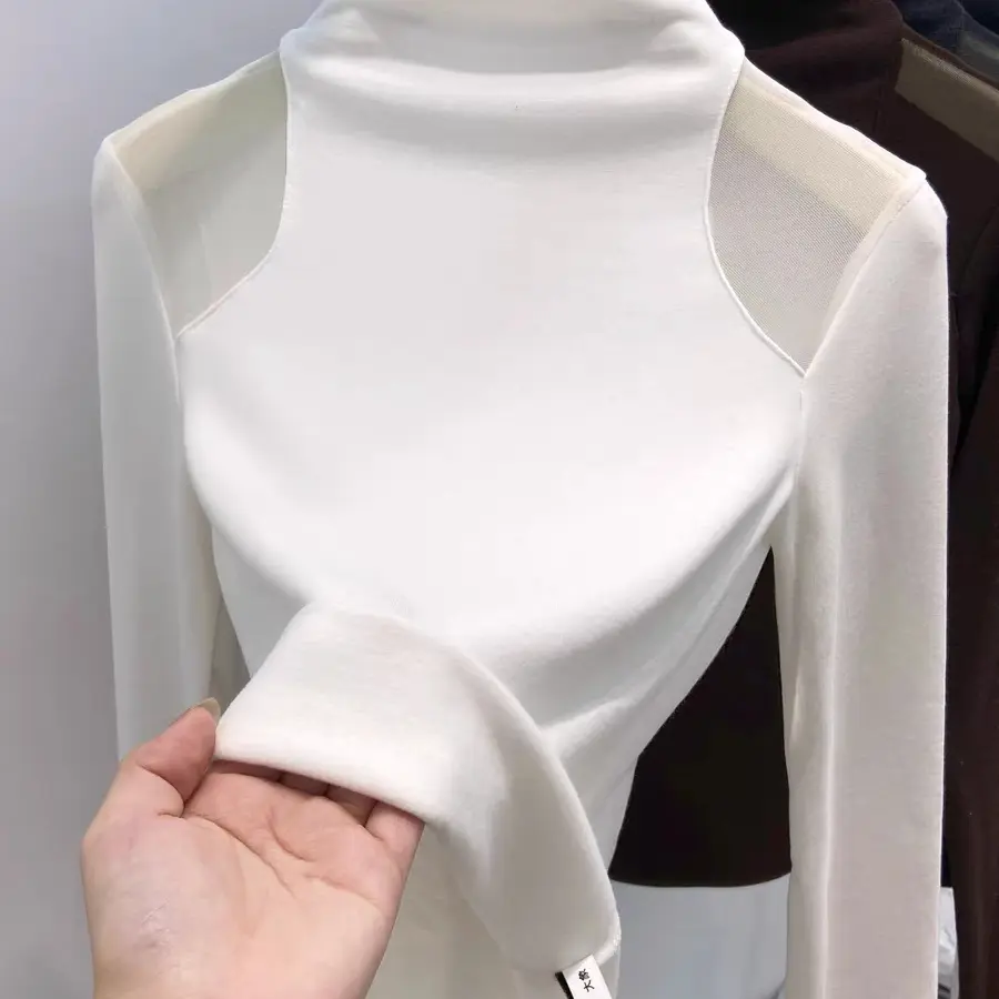 5322秋冬新款半高领网纱薄绒长袖T恤洋气内搭打底衫