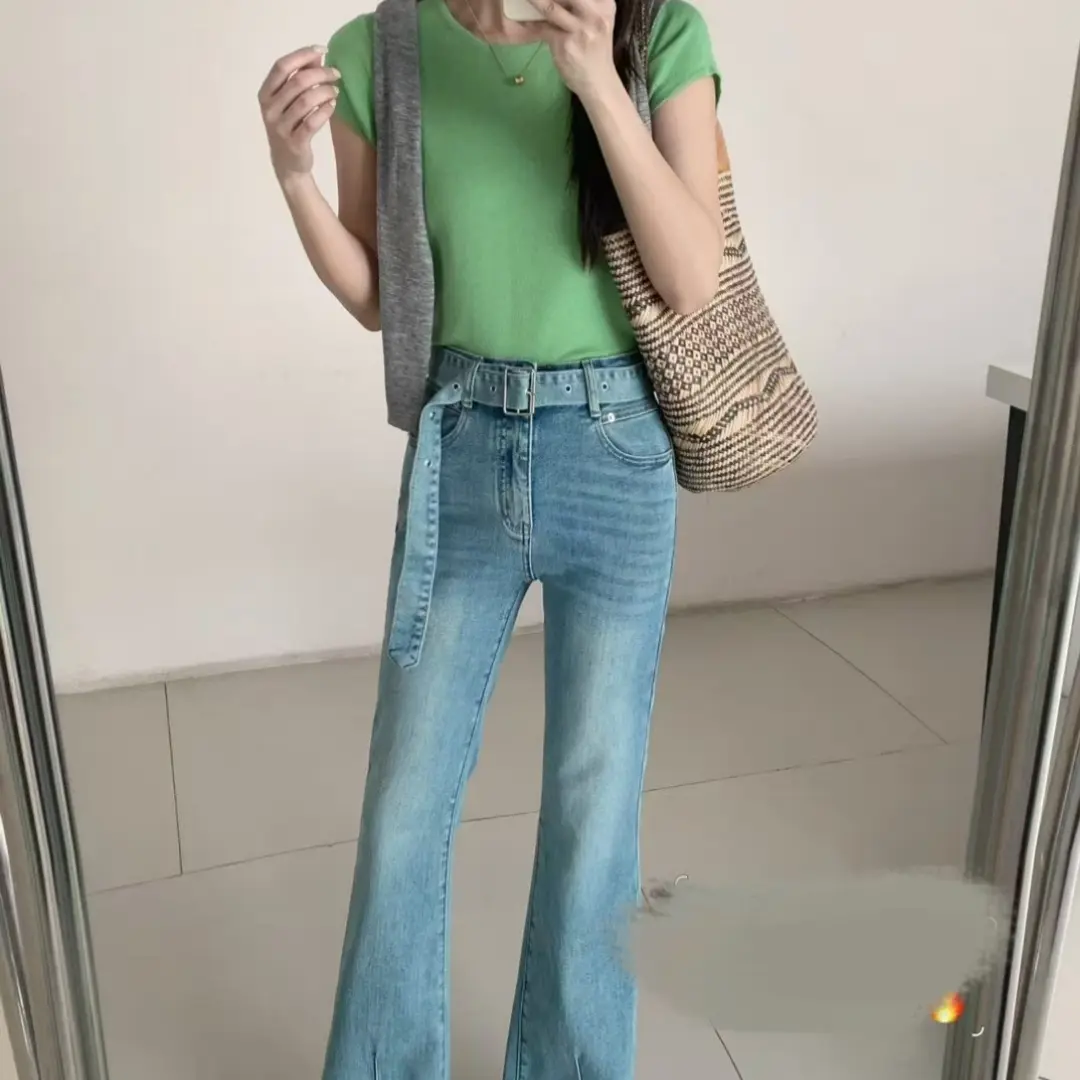 春款高腰修身时尚休闲微喇牛仔裤