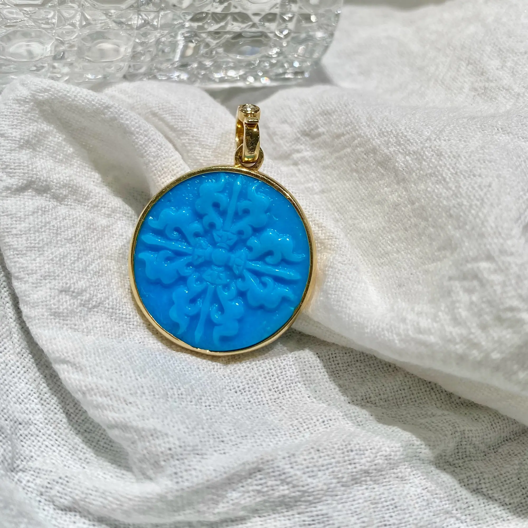 原矿绿松石冰珀蓝九宫八卦牌吊坠