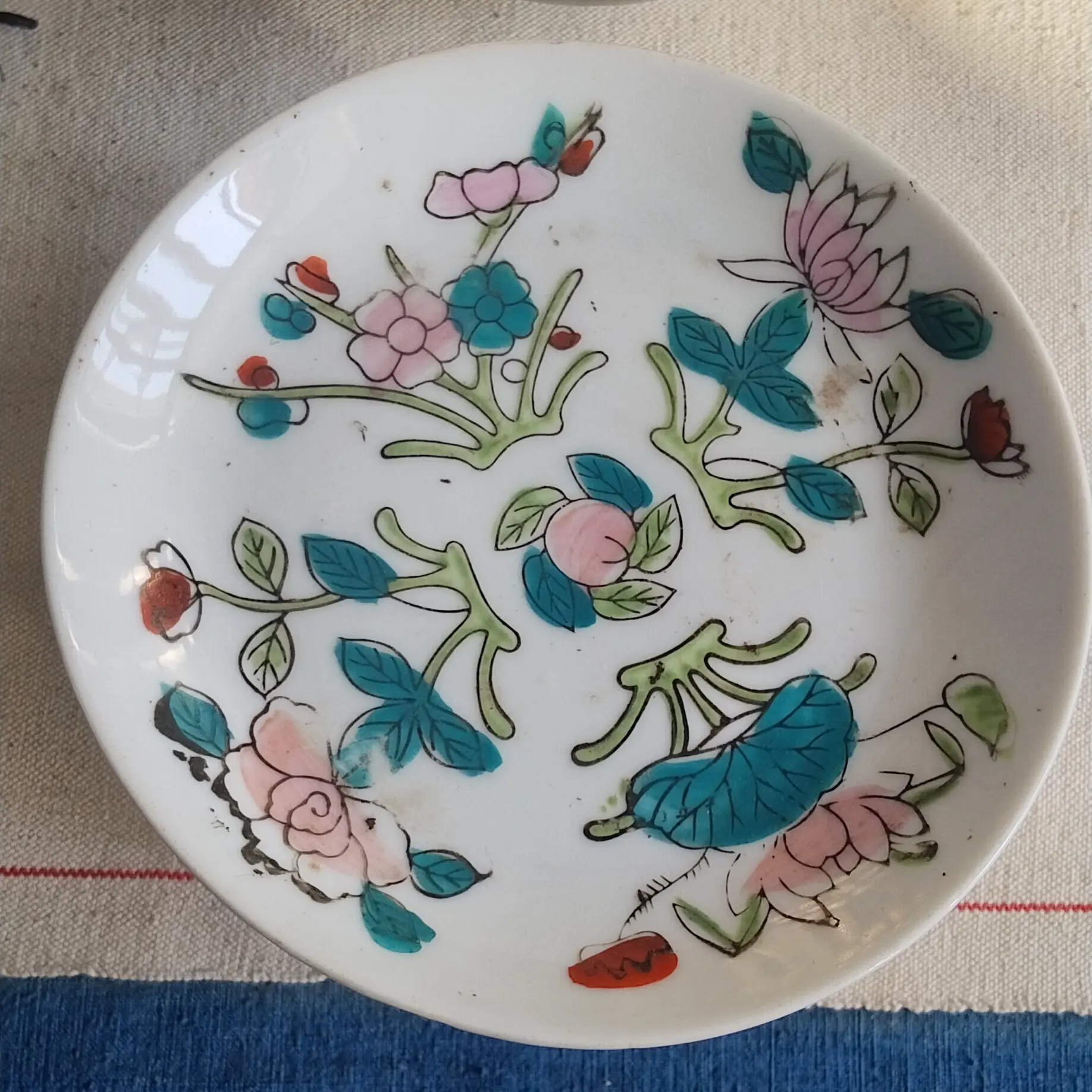 17公分粉彩手绘四季花卉纹盘