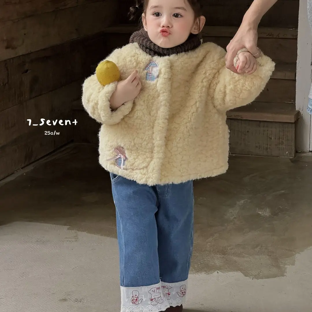 7seven冬季女童毛毛加绒小熊花边牛仔裤