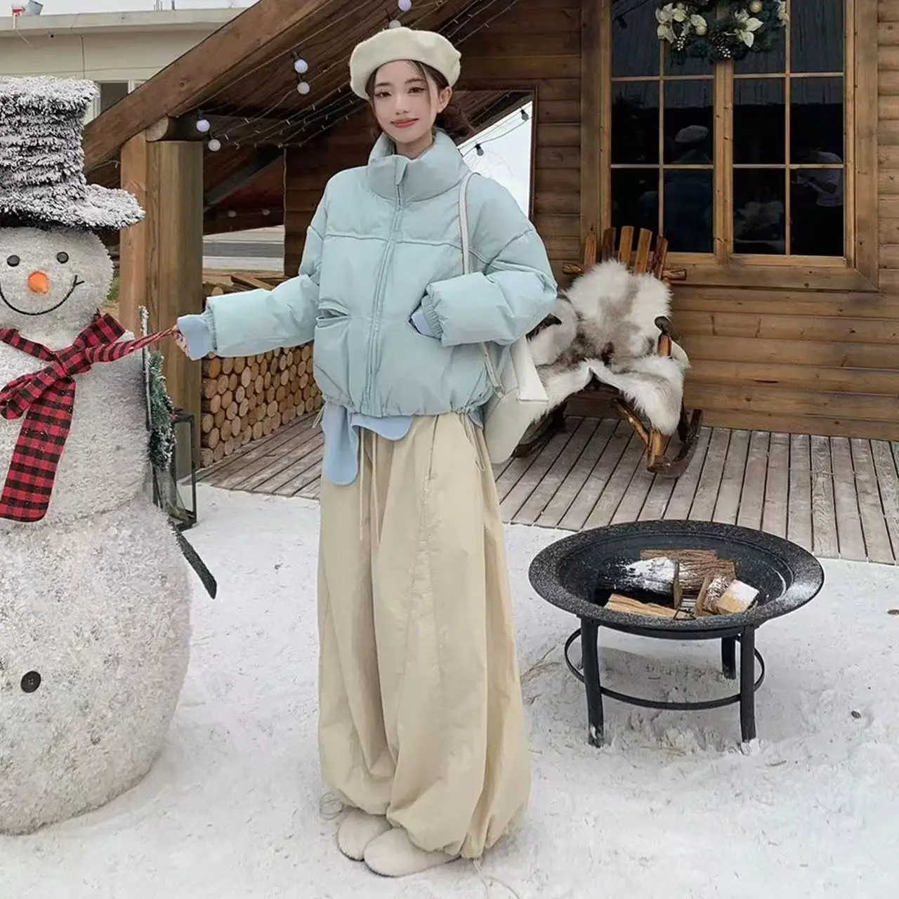 【张开心】冬日保暖套装～蓝色拉链立领夹棉加厚棉衣外套+裤子两件套