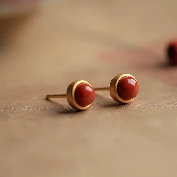 天然南红圆形蛋面银耳钉满肉满色优雅精美耳饰