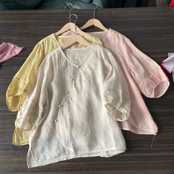 【生如夏花】复古新中式夏季女文艺宽松刺绣斜襟衬衫1569