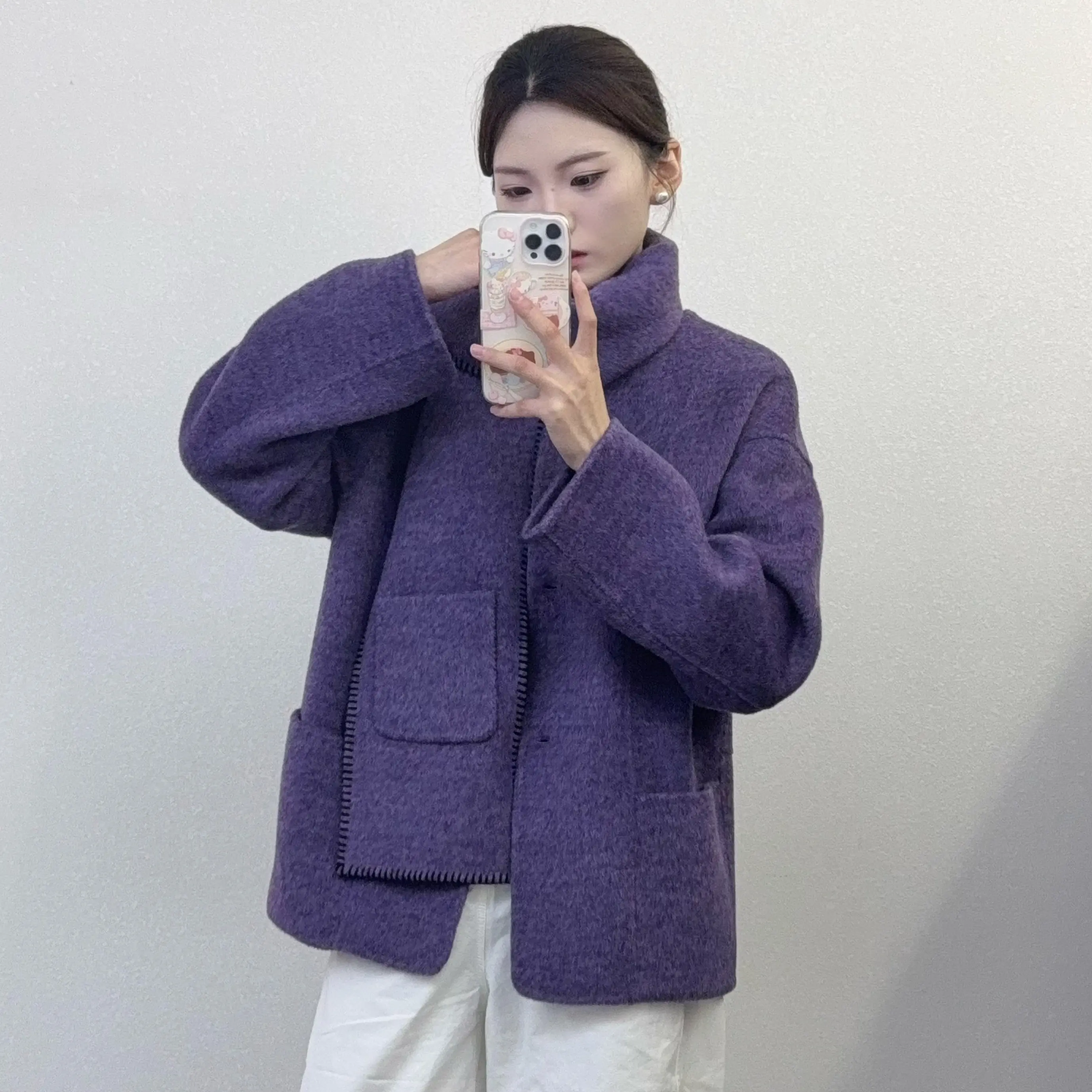 （干枯玫瑰）双面围巾款大衣女秋冬宽松短款时尚简约气质羊毛外套