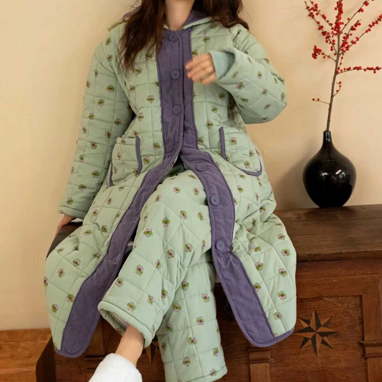 族玛士秋冬季三层加厚连帽保暖夹棉睡袍套装绿色睡衣女加绒家居服