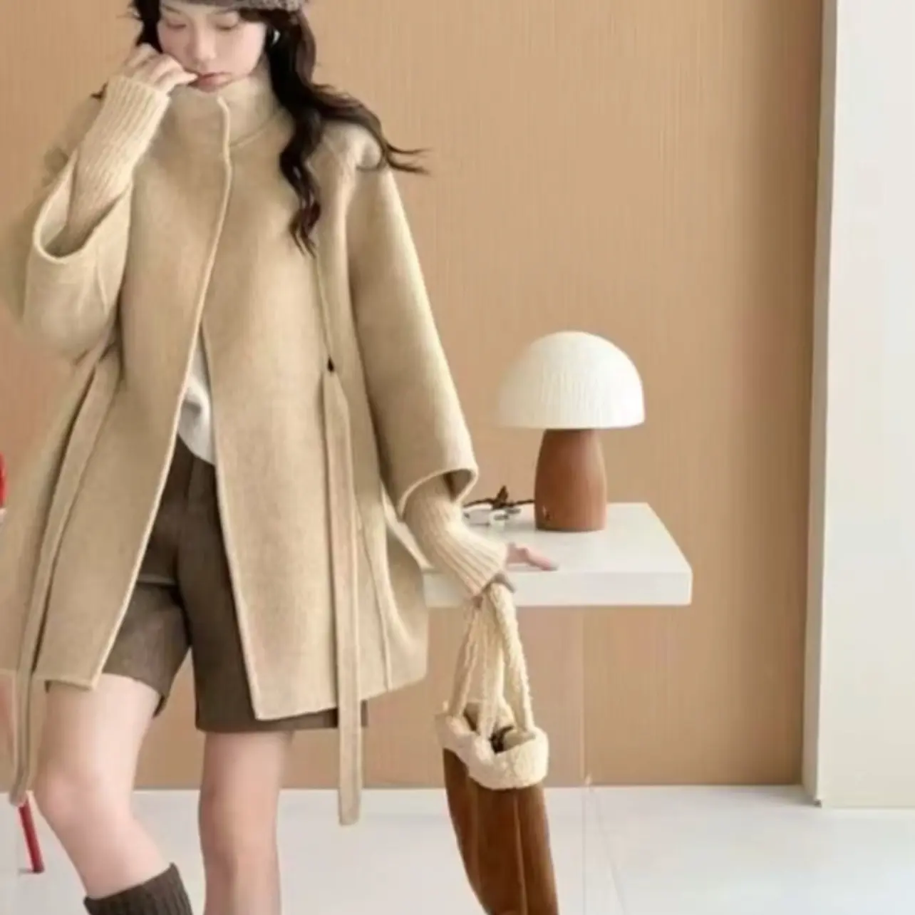 秋冬立领收腰系带中长款双面羊绒大衣时尚百搭气质风