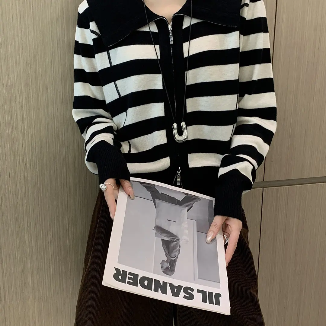 针织开衫款长款翻领秋季毛针织衫宽松短款长袖春秋