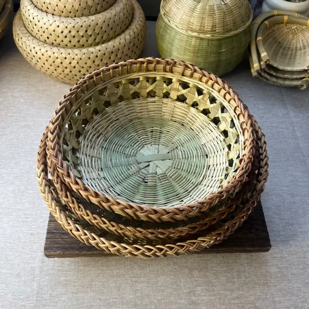 竹编藤口镂空篮家用零食水果收纳手工编织簸箕竹制品竹编篮子