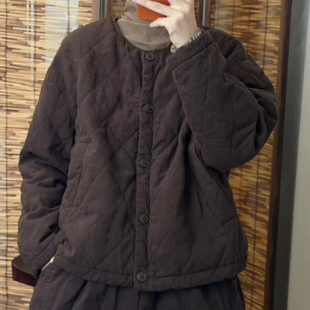 宽松休闲加厚保暖冬季亚麻夹棉菱形格子圆领棉衣外套简约百搭上衣