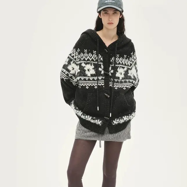 AVVENN费尔岛针织花纹连帽拉链开衫秋冬新款休闲百搭毛衣