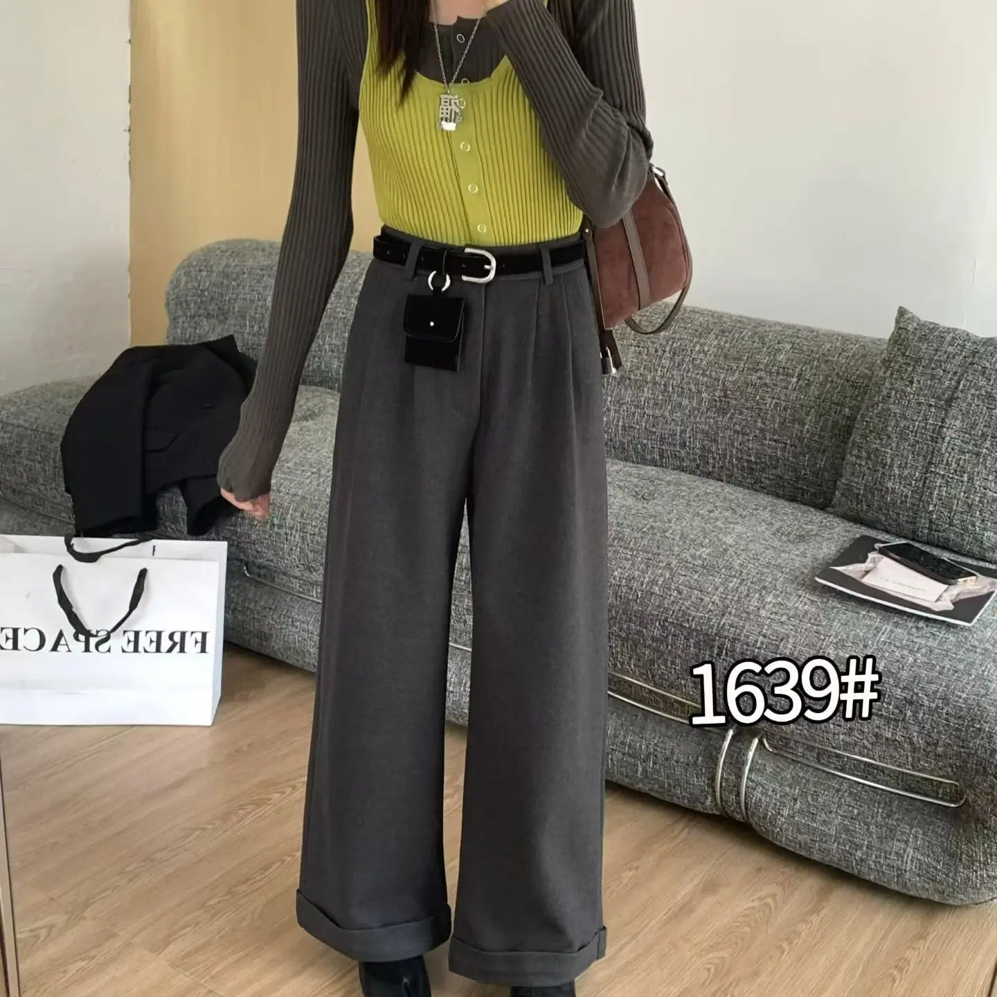 1639加绒加厚高腰垂感显瘦卷边毛呢阔腿休闲裤女秋冬