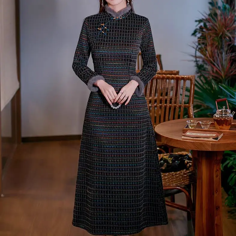 （暖月）秋冬新款修身显瘦复古加厚长款改良中式旗袍连衣裙