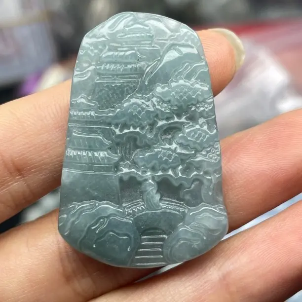 A 货翡翠蓝水山水牌精雕玉佩配绳饰品男女款挂件精致