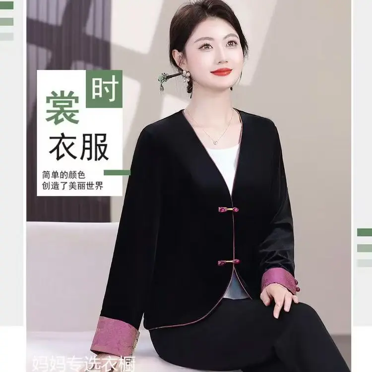 新中式复古拼接丝绒宽松短外套春秋百搭