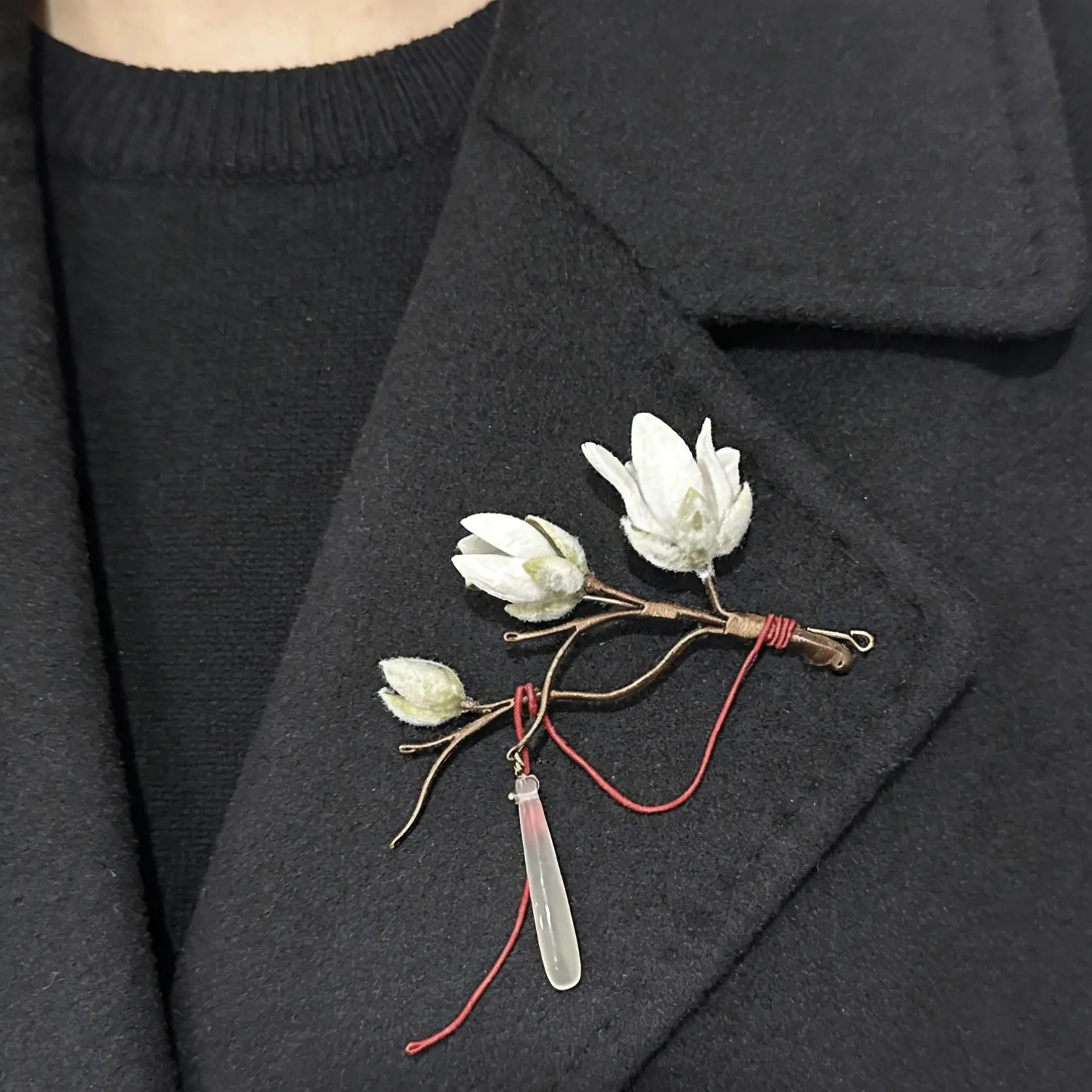 铜仿水晶胸针 绒花新中式玉兰花胸针古风盘发神器旗袍头饰