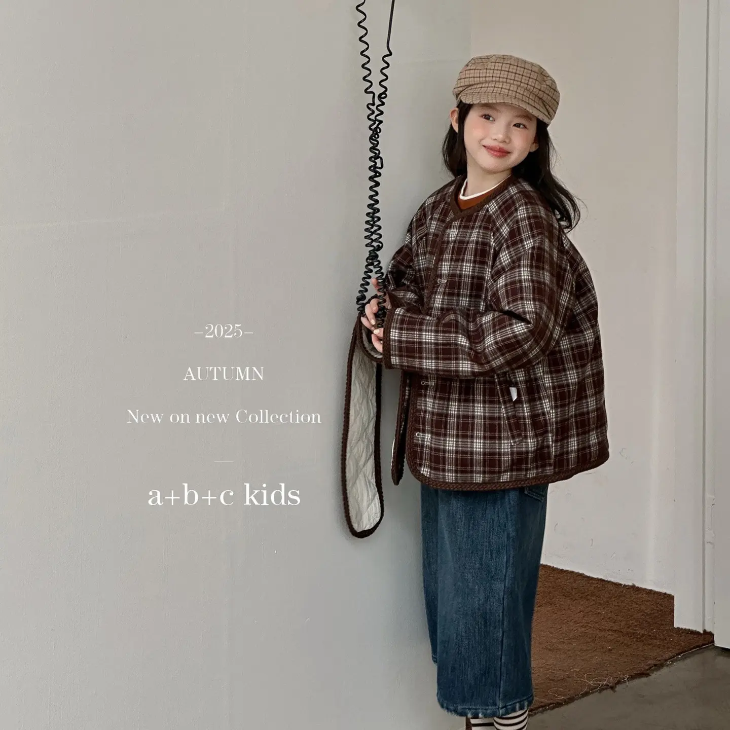 女童两面穿棉袄纯色格子棉服短款森系秋季小香风常规款厚款