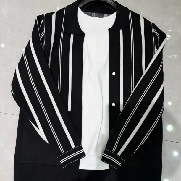 春秋季男士条纹翻领开衫毛衣宽松休闲针织衫外套潮流时尚上衣男