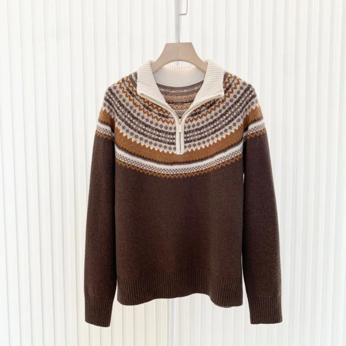 G1629秋冬重工费尔岛提花半拉链山羊绒针织衫女轻奢老钱风