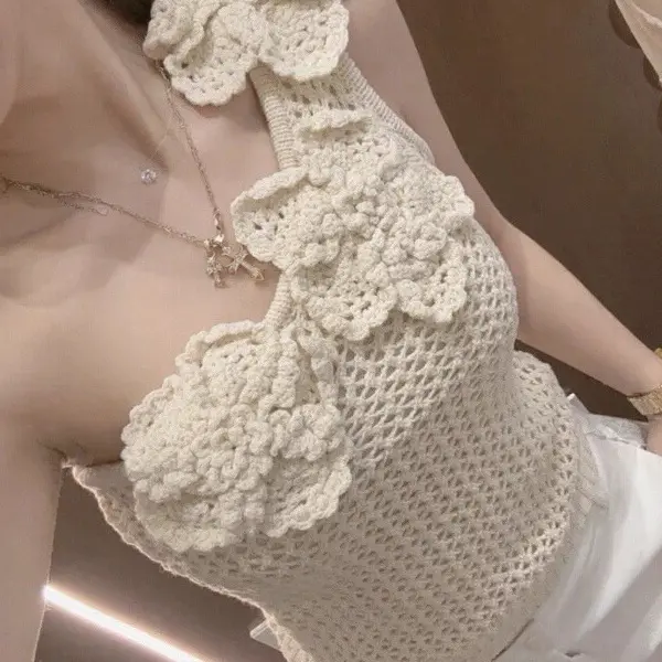 【海岛简爱】E法式钩花设计感斜肩气质镂空上衣5442