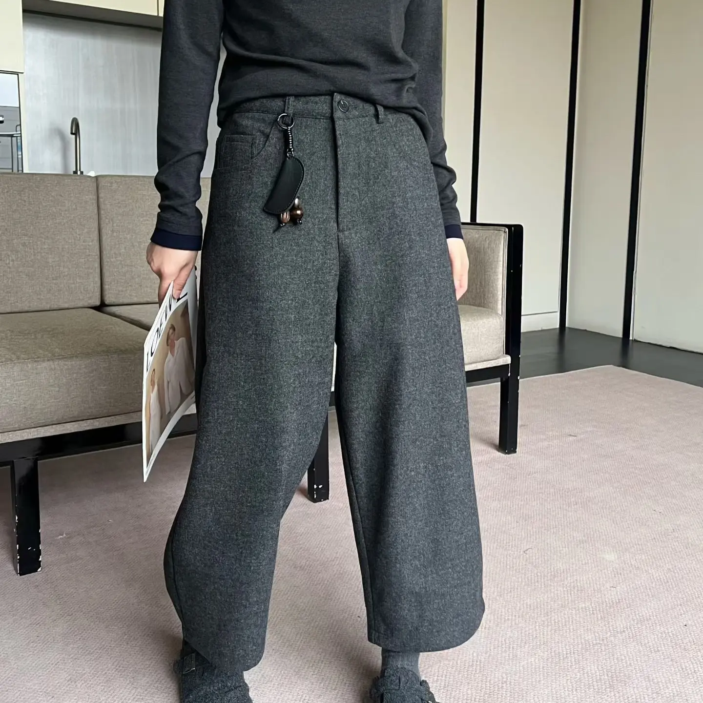 秋冬必备加绒高腰宽松垂感毛呢阔腿八分裤直筒冬季