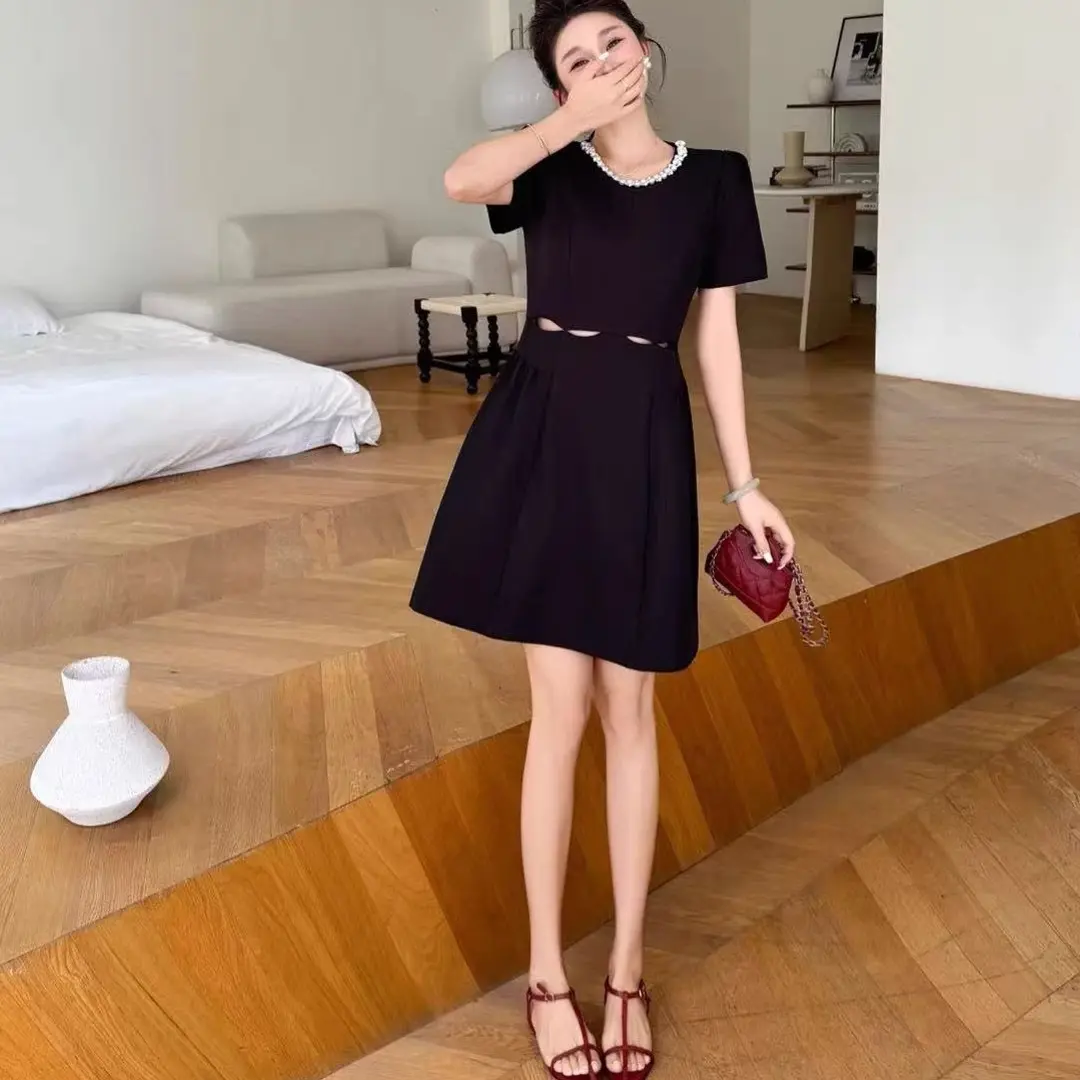 L2195夏季新款收腰显瘦钉珠钻领气质连衣裙