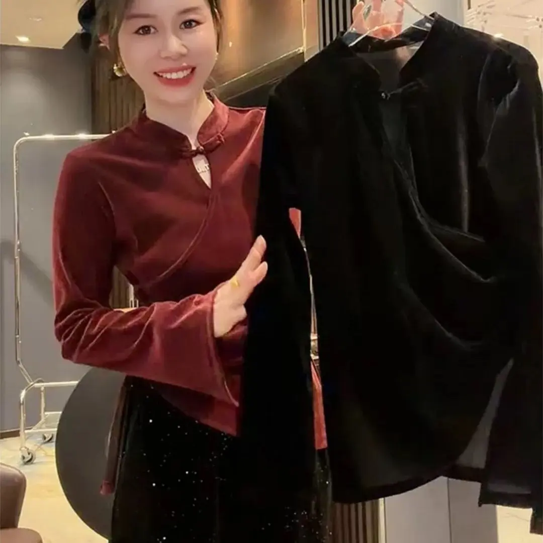 今年流行冬季洋气国风新中式时尚气质立领减龄喇叭袖长袖衬衫上衣