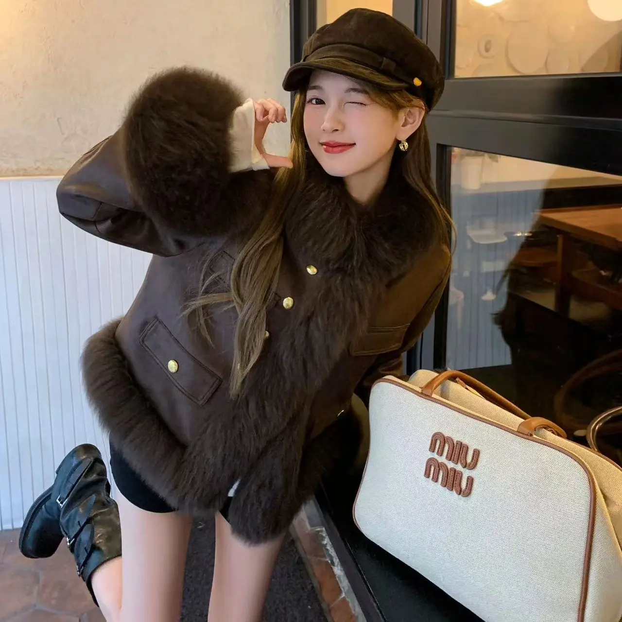 冬季加厚狐狸毛拼接短款女羽绒服