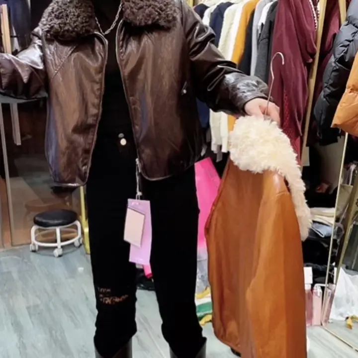 中长款短款拼接毛领修身型皮衣秋冬百搭女装冬季