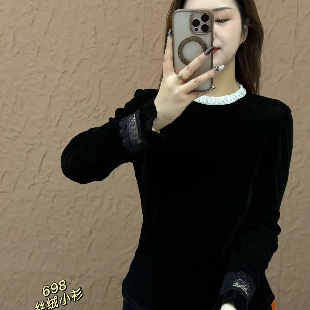 燕子家女士蕾丝拼接丝绒长袖打底衫