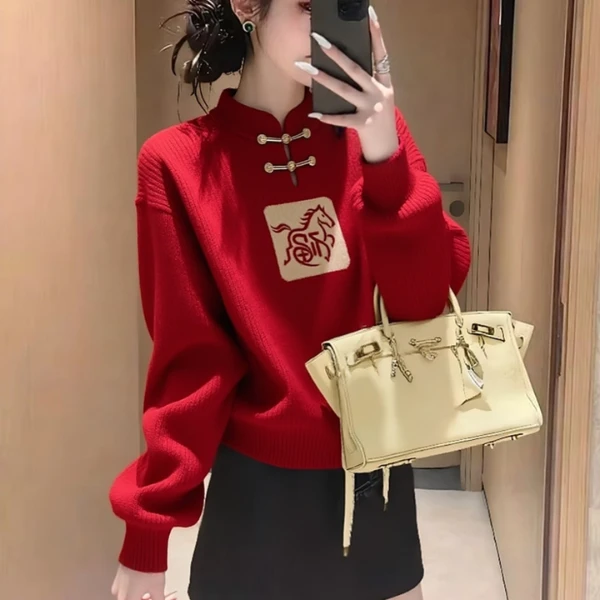 新中式国风盘扣白马红色针织毛衣女款2026新款冬季本命年马年衣服