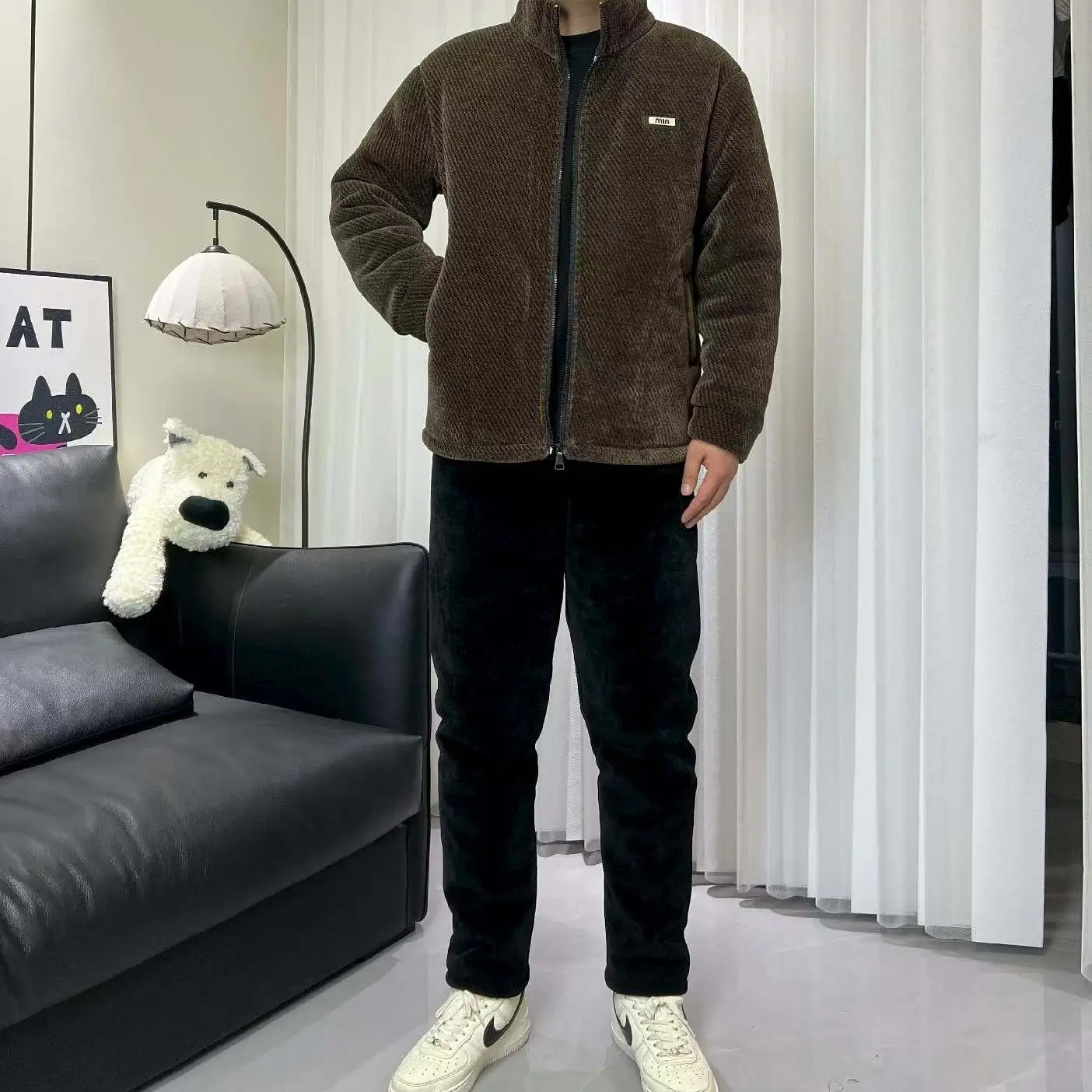 冬季新款三层加厚拉链立领加绒保暖可外穿男家居服套装