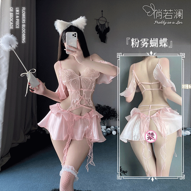 性感睡衣粉色连衣裙珍珠爆闪睡衣露背蝴蝶吊带连衣裙女制服套装