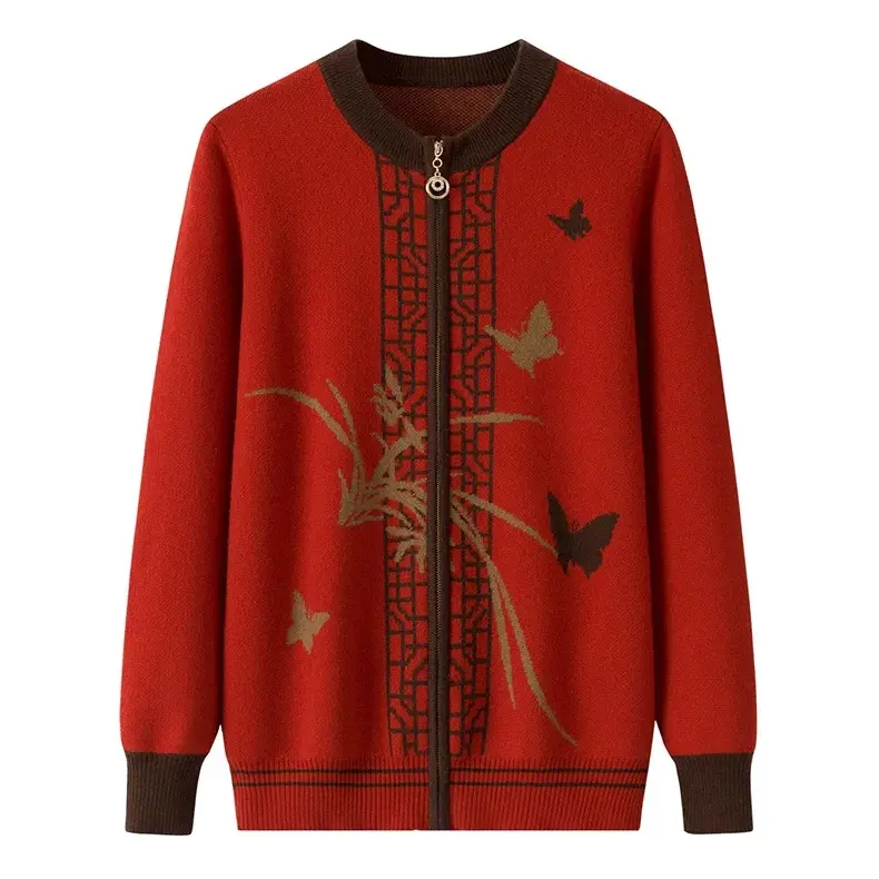 中老年妈妈装纯衫圆领加厚保暖针织开衫秋冬新款宽松毛衣外套